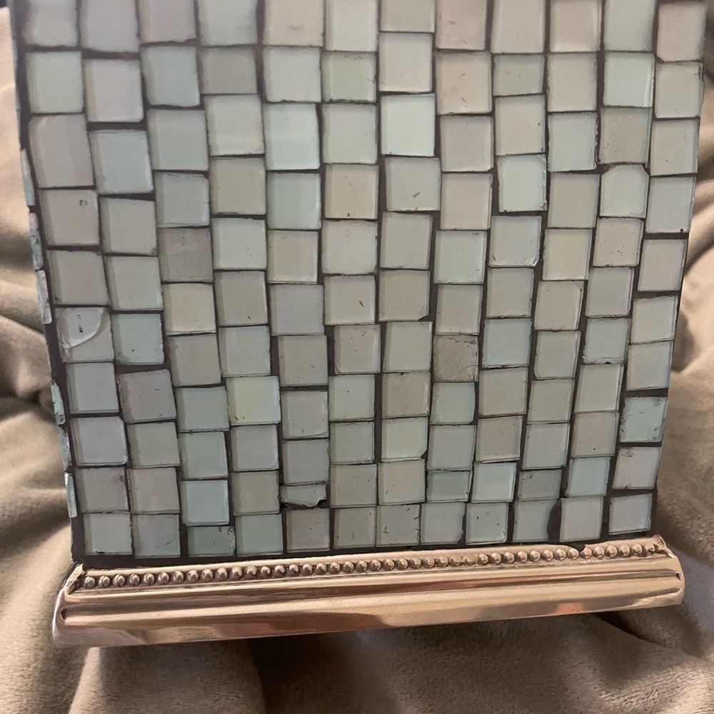 Beautiful mosaic tiled different colored hues of blues tissue holder.